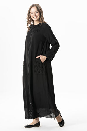Uzun Kol Vual Tülay Nervürlü Yazlık Ferace Siyah Syh