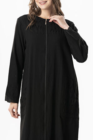 Uzun Kol Vual Tülay Nervürlü Yazlık Ferace Siyah Syh