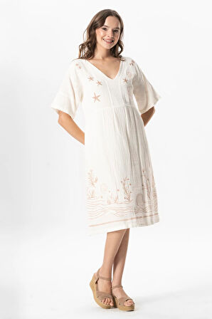 Kısa Kol V Yaka Alize Nakışlı Midi Boy Müslin Yazlık Elbise Kırık Beyaz KrkByz