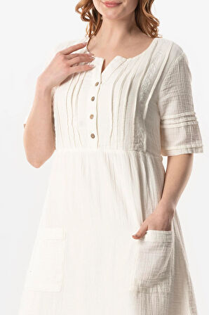 Kısa Kol Kare Yaka Dora Cep Detaylı Midi Boy Müslin Yazlık  Elbise Kırık Beyaz KrkByz