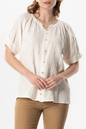 Kısa Kol V Yaka Venüs Düğmeli Müslin Yazlık Bluz Kırık Beyaz KrkByz
