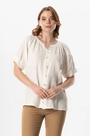 Kısa Kol V Yaka Venüs Düğmeli Müslin Yazlık Bluz Kırık Beyaz KrkByz