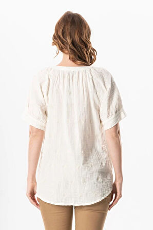 Kısa Kol V Yaka Venüs Düğmeli Müslin Yazlık Bluz Kırık Beyaz KrkByz