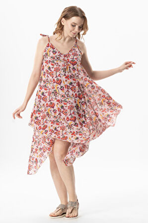 Askılı Vual Afrodit Midi Boy Yazlık Elbise Sarmaşık Pudra 6220