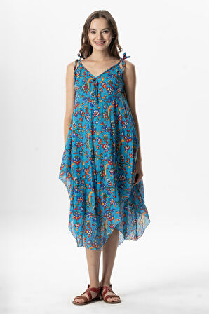 Askılı Vual Afrodit Midi Boy Yazlık Elbise Sarmaşık Turkuaz 6221