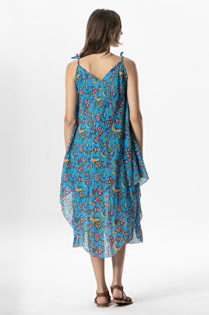 Askılı Vual Afrodit Midi Boy Yazlık Elbise Sarmaşık Turkuaz 6221