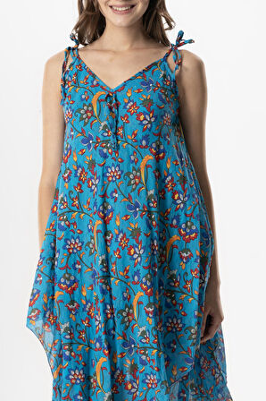 Askılı Vual Afrodit Midi Boy Yazlık Elbise Sarmaşık Turkuaz 6221