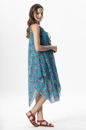 Askılı Vual Afrodit Midi Boy Yazlık Elbise Sarmaşık Turkuaz 6221