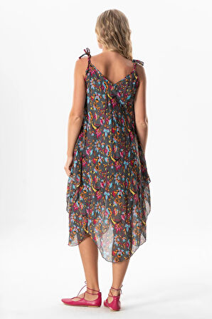 Askılı Vual Afrodit Midi Boy Yazlık Elbise Sarmaşık Gri 6223