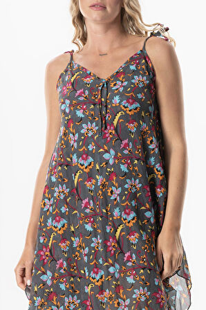 Askılı Vual Afrodit Midi Boy Yazlık Elbise Sarmaşık Gri 6223