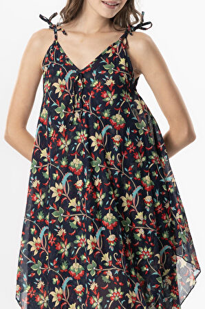 Askılı Vual Afrodit Midi Boy Yazlık Elbise Sarmaşık Lacivert 6224