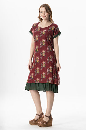 Kısa Kol Vual Defne Midi Boy Yazlık Otantik Elbise Mimoza Bordo 6230