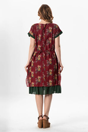 Kısa Kol Vual Defne Midi Boy Yazlık Otantik Elbise Mimoza Bordo 6230