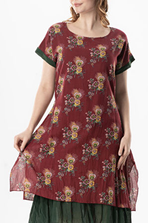 Kısa Kol Vual Defne Midi Boy Yazlık Otantik Elbise Mimoza Bordo 6230