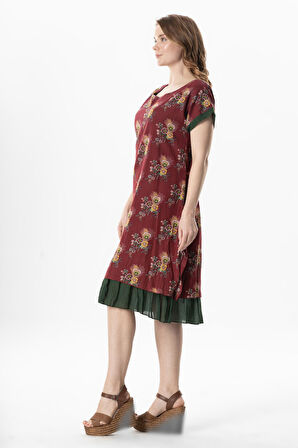 Kısa Kol Vual Defne Midi Boy Yazlık Otantik Elbise Mimoza Bordo 6230