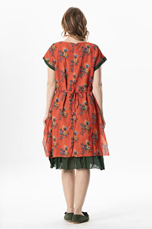 Kısa Kol Vual Defne Midi Boy Yazlık Otantik Elbise Mimoza Turuncu 6231