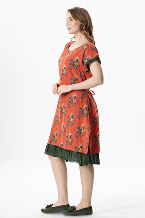 Kısa Kol Vual Defne Midi Boy Yazlık Otantik Elbise Mimoza Turuncu 6231