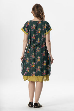 Kısa Kol Vual Defne Midi Boy Yazlık Otantik Elbise Mimoza Yeşil 6232