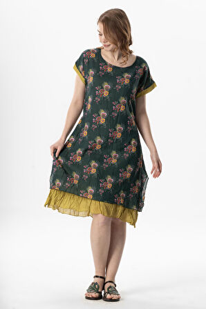 Kısa Kol Vual Defne Midi Boy Yazlık Otantik Elbise Mimoza Yeşil 6232