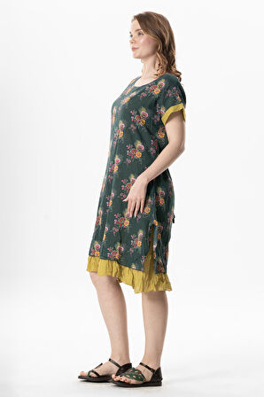 Kısa Kol Vual Defne Midi Boy Yazlık Otantik Elbise Mimoza Yeşil 6232