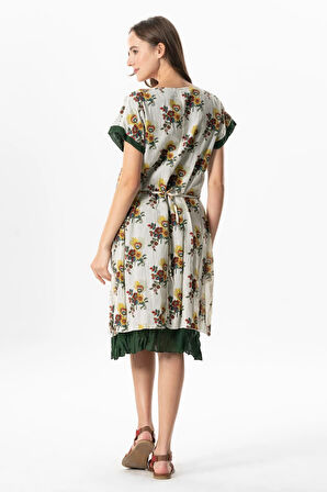 Kısa Kol Vual Defne Midi Boy Yazlık Otantik Elbise Mimoza Krem 6233