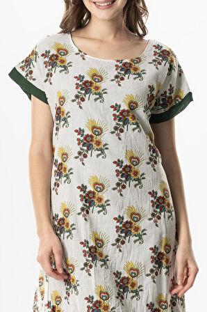 Kısa Kol Vual Defne Midi Boy Yazlık Otantik Elbise Mimoza Krem 6233