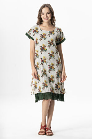 Kısa Kol Vual Defne Midi Boy Yazlık Otantik Elbise Mimoza Krem 6233