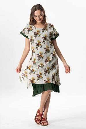 Kısa Kol Vual Defne Midi Boy Yazlık Otantik Elbise Mimoza Krem 6233