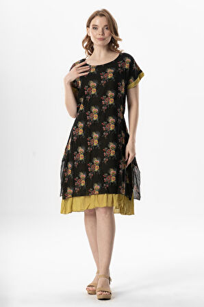 Kısa Kol Vual Defne Midi Boy Yazlık Otantik Elbise Mimoza Siyah 6234