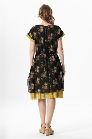 Kısa Kol Vual Defne Midi Boy Yazlık Otantik Elbise Mimoza Siyah 6234