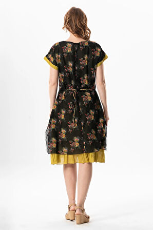 Kısa Kol Vual Defne Midi Boy Yazlık Otantik Elbise Mimoza Siyah 6234