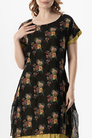 Kısa Kol Vual Defne Midi Boy Yazlık Otantik Elbise Mimoza Siyah 6234