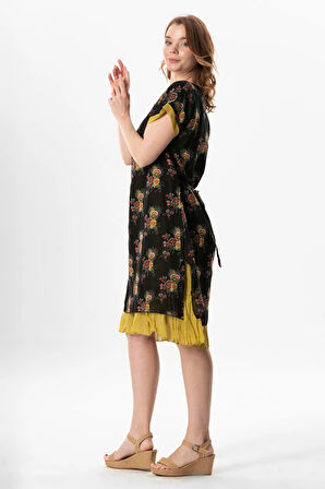 Kısa Kol Vual Defne Midi Boy Yazlık Otantik Elbise Mimoza Siyah 6234