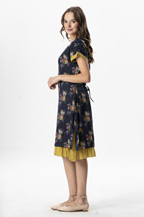 Kısa Kol Vual Defne Midi Boy Yazlık Otantik Elbise Mimoza Lacivert 6235