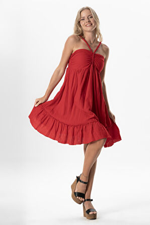 Alanya Boyundan Bağlamalı Kısa Yazlık Müslin Elbise Kırmızı Krmz