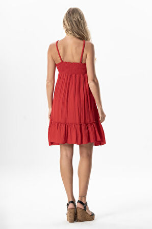 Alanya Boyundan Bağlamalı Kısa Yazlık Müslin Elbise Kırmızı Krmz