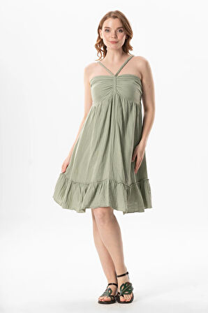 Alanya Boyundan Bağlamalı Kısa Yazlık Müslin Elbise Zeytin Yeşili Zytnysl