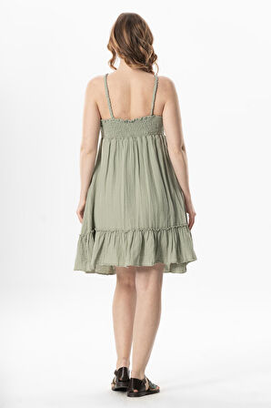 Alanya Boyundan Bağlamalı Kısa Yazlık Müslin Elbise Zeytin Yeşili Zytnysl