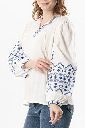 Uzun Kol Şile Bezi İdil V Yaka Nakışlı Yazlık Bluz Krem Krm