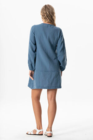 Uzun Kol Göksel Bağlama Detaylı Kısa Müslin Yazlık Elbise İndigo indg