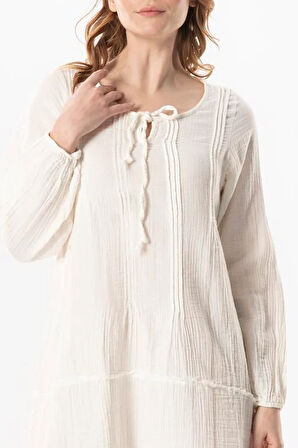 Uzun Kol Göksel Bağlama Detaylı Kısa Müslin Yazlık Elbise Kırık Beyaz KrkByz