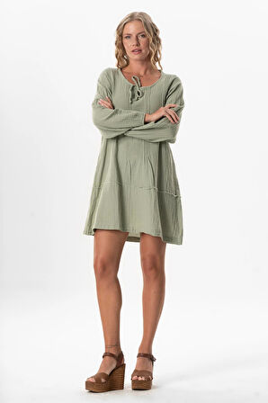 Uzun Kol Göksel Bağlama Detaylı Kısa Müslin Yazlık Elbise Zeytin Yeşili Zytnysl