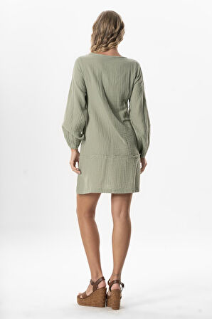Uzun Kol Göksel Bağlama Detaylı Kısa Müslin Yazlık Elbise Zeytin Yeşili Zytnysl