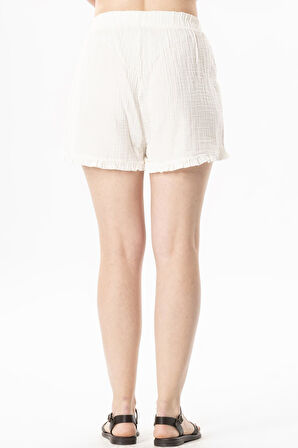 Beli Lastikli Duru Fırfır Detaylı Müslin Yazlık Kısa Şort Kırık Beyaz KrkByz