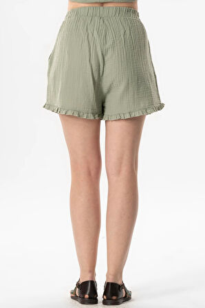 Beli Lastikli Duru Fırfır Detaylı Müslin Yazlık Kısa Şort Zeytin Yeşili Zytnysl