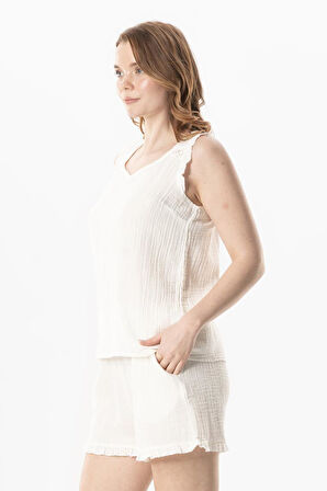 Kolsuz Fırfır Detaylı Duru Oval Yaka Müslin Yazlık Bluz Kırık Beyaz KrkByz