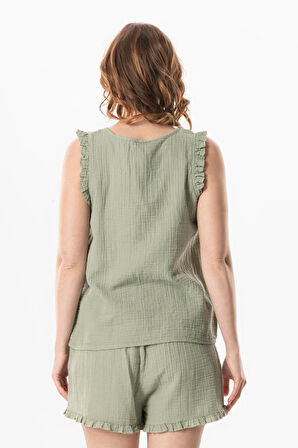 Kolsuz Fırfır Detaylı Duru Oval Yaka Müslin Yazlık Bluz Zeytin Yeşili Zytnysl