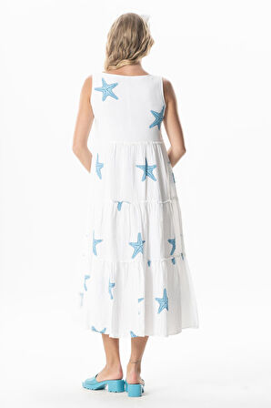 Kolsuz Artemis Oval Yaka Yıldız Baskılı Midi Boy Müslin Yazlık Elbise Beyaz Yıldız Desen Byzyldz