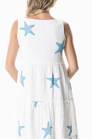 Kolsuz Artemis Oval Yaka Yıldız Baskılı Midi Boy Müslin Yazlık Elbise Beyaz Yıldız Desen Byzyldz