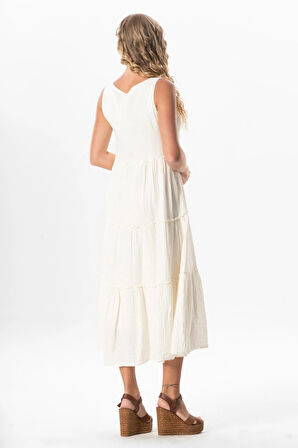 Kolsuz Artemis Oval Yaka Yıldız Baskılı Midi Boy Müslin Yazlık Elbise Kırık Beyaz KrkByz